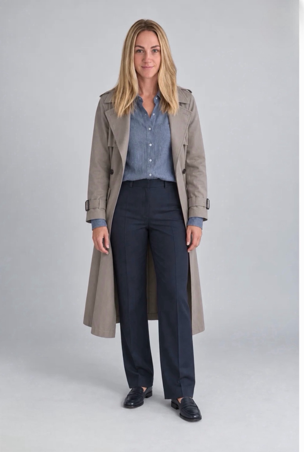 AI-styled preview of Ali in a trench coat, blue shirt and navy trousers